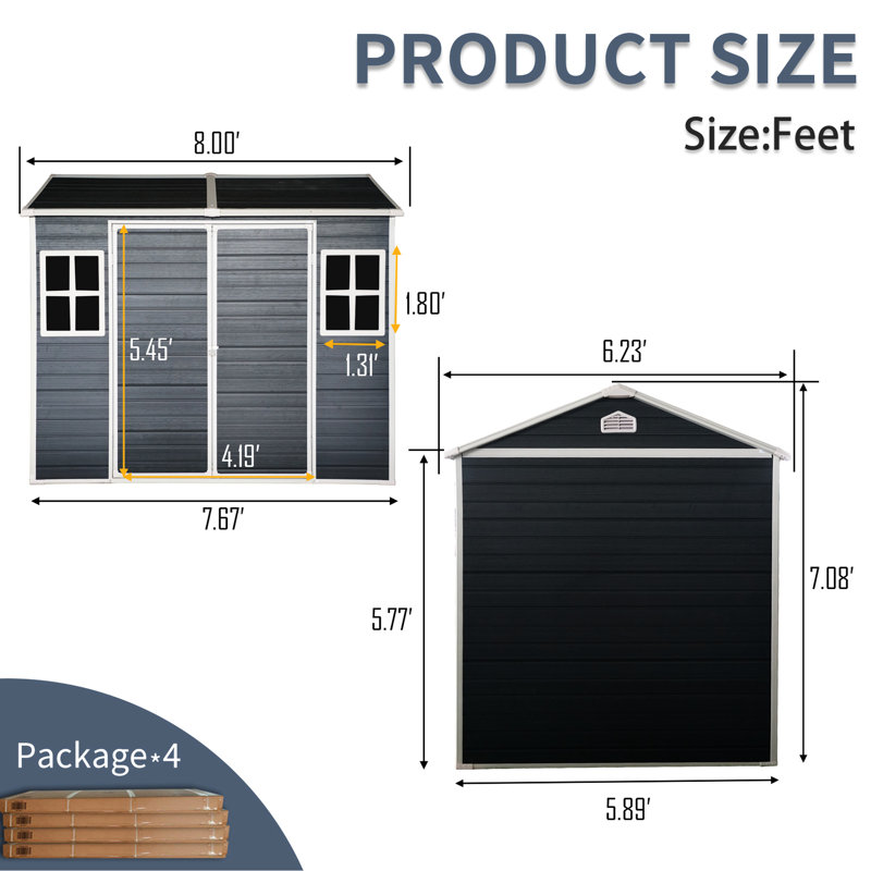 8X6ft Resin Shed For Garden - Waterproof With Lockable Door, Two Windows & Floor Outdoor Storage Black Windows, Door Garden, Patio