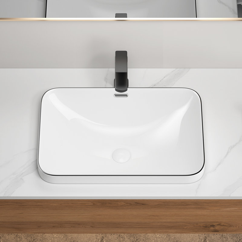 Lavabo vasque de salle de bain en céramique 22 po avec rebord noir en porcelaine blanche avec trop-plein 22 po