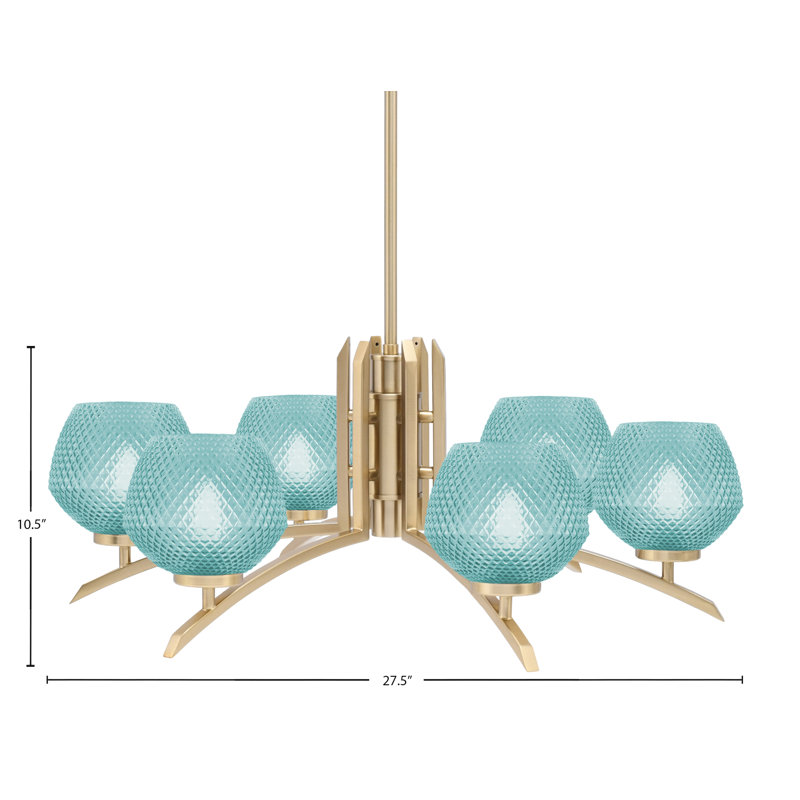 Kurve 6 Light Chandelier Shown In New Age Brass Finish With 6" Textured Glass, Teal