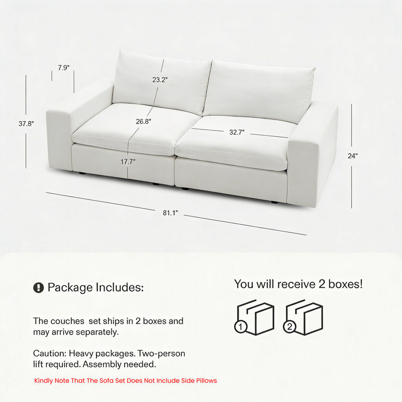 81" Loveseat Cloud Couch,Deep Oversized Sectional Sofas,White