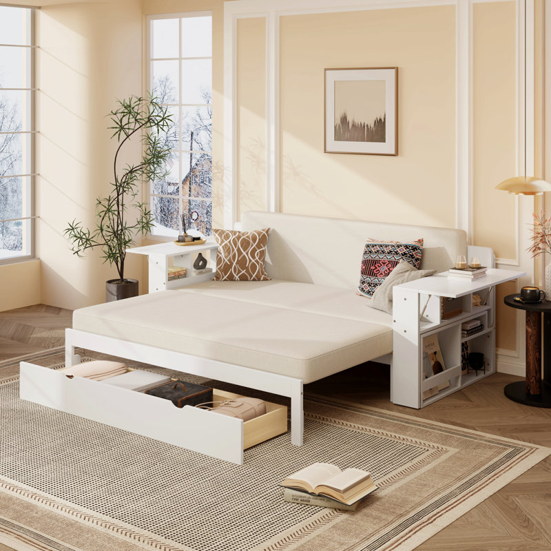 Grand lit de jour avec bureau amovible, tiroirs de rangement et table d'appoint hydraulique, Grand lit, Blanc