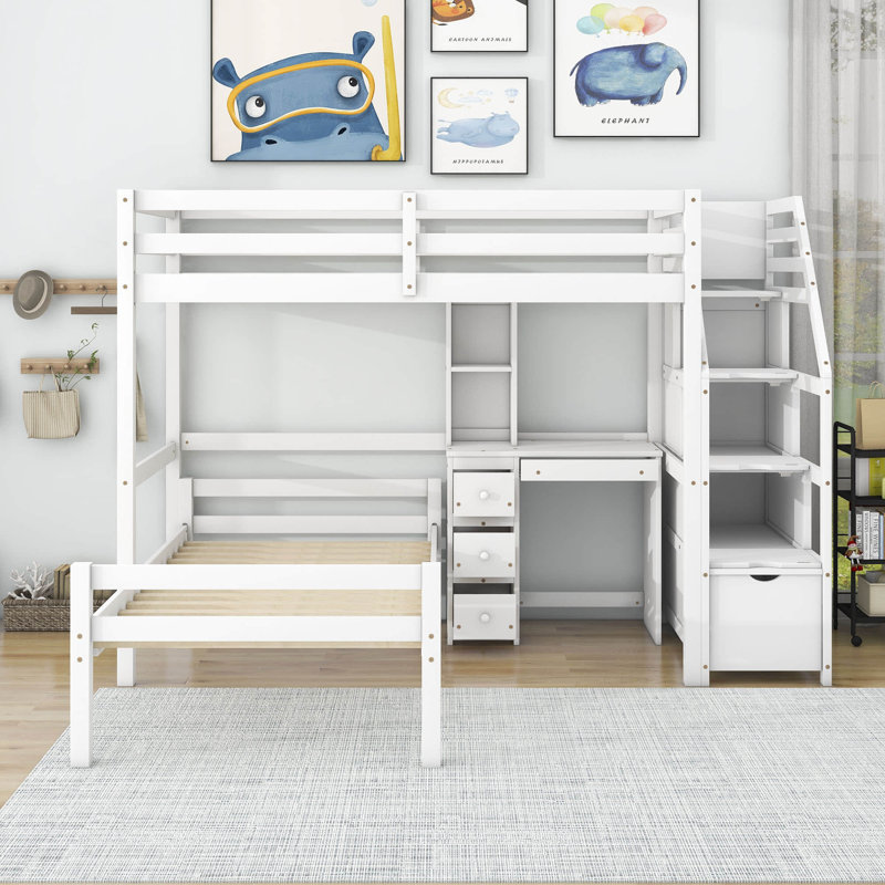 Haana Kids Twin Over Twin Bunk Bed with Drawers, White