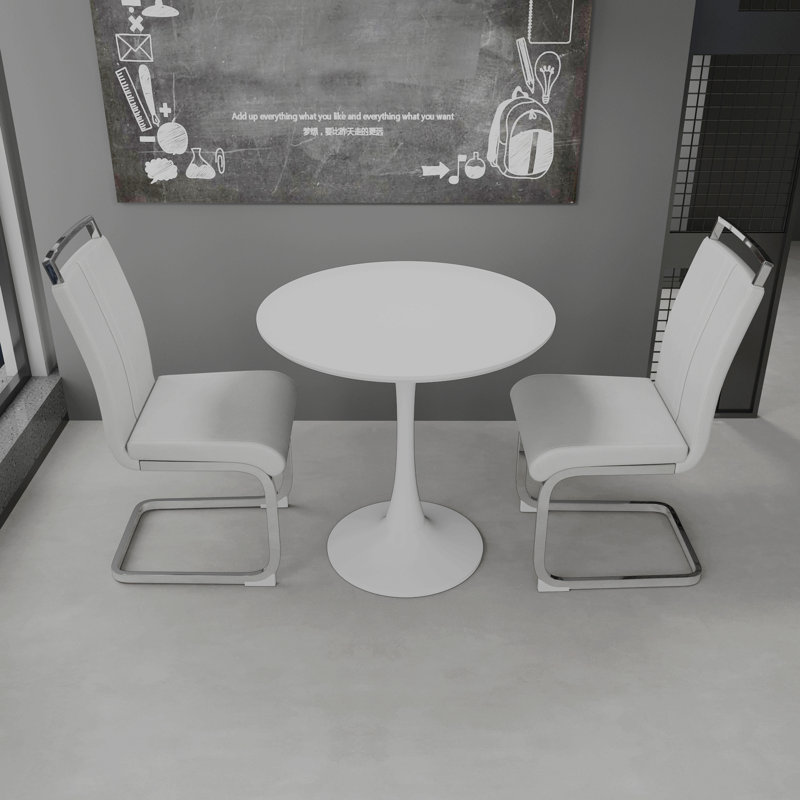 Table de salle à manger circulaire, table de salle à manger, table de salle à manger pour 2 à 4 personnes, plateau et base en panneau de fibres à densité moyenne et 2 chaises de salle à manger en métal plaqué en polyuréthane