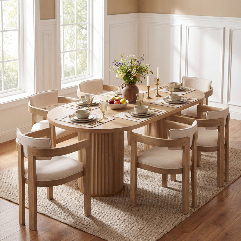 Ensemble de table de salle à manger 6 personnes Lyddia avec chaises rembourrées et base à double caisson cannelé, Light Ash