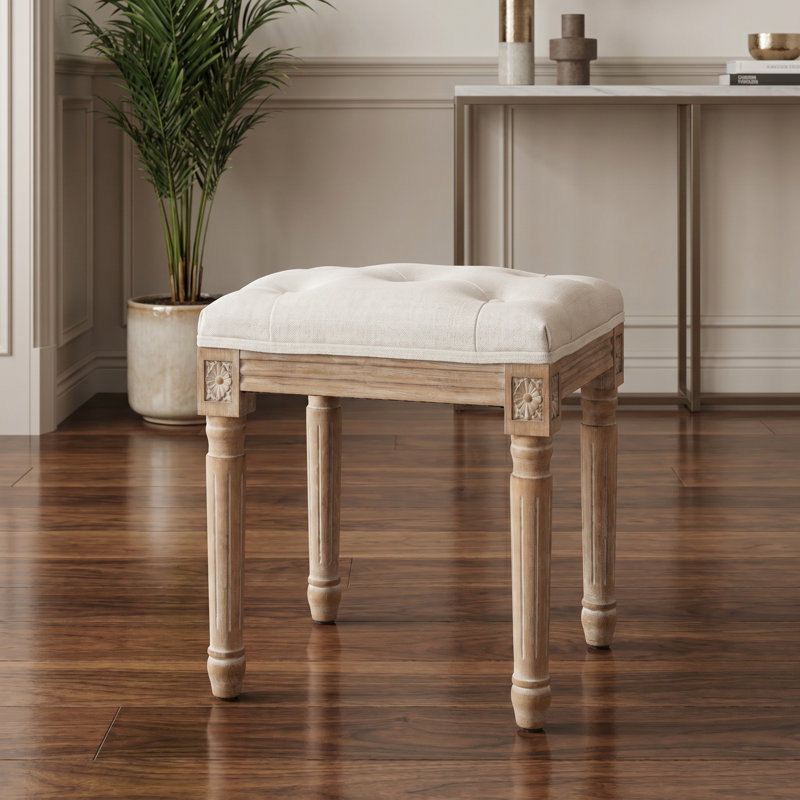 Maquillage de tabouret d'appoint avec revêtement en lin et pieds sculptés en bois massif, Beige