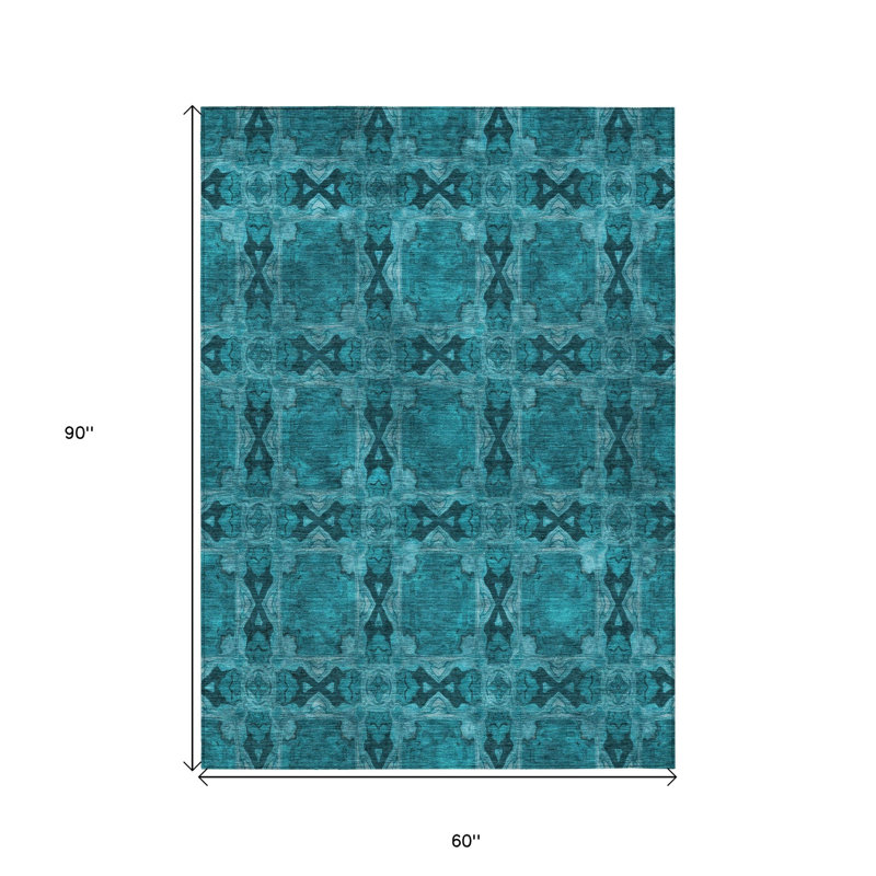 Tapis extérieur lavable antidérapant à motif de médaillon bleu sarcelle 5 pi x 8 pi