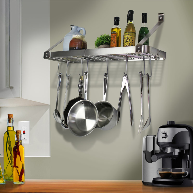 Handcrafted Gourmet Deep Stainless Steel Wall Mounted Pot Rack, 17 x 30 x 13