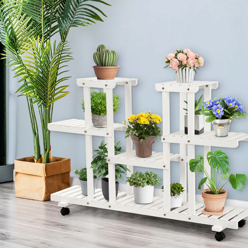 Support pour plante à 4 niveaux avec 4 roulettes, H 21,5 po x L 47,5 po x P 13 po, Blanc