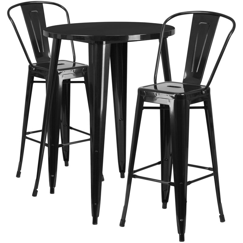 Genece Round Metal Indoor-Outdoor Bar Table Set with 2 Stools, Black, 41" H x 30" W x 30" L