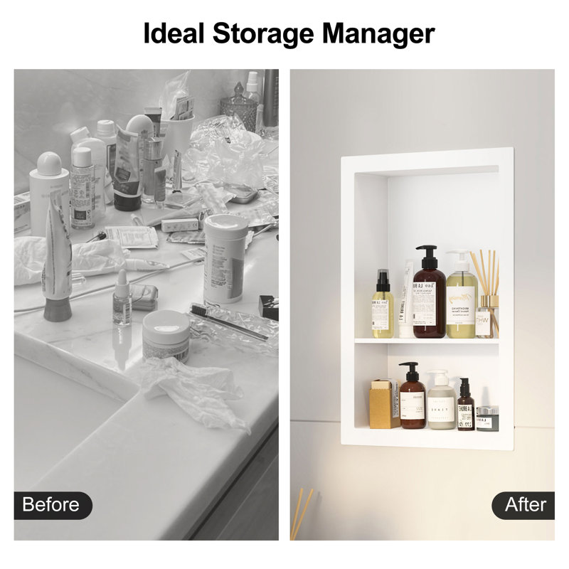 Wall Niche Double Shelf Recessed Metal Cabinet, White, No, 19.8" H x 13.9" W x 3.9" D
