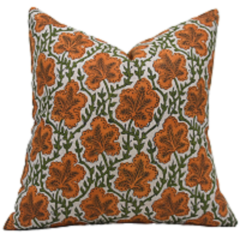 Block Print Pure Linen Throw Pillow Covers, Artisan Handmade Cushion 16X16 Inche Pushap Samita, Orange, 16"H x 16"W