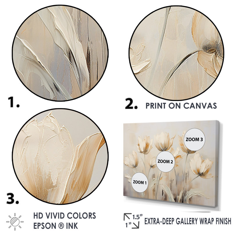 Beige embelli des tulipes Symphony I - tulipes, art mural, H 12 po x l 20 po x P 1 po, Cadre flottant doré