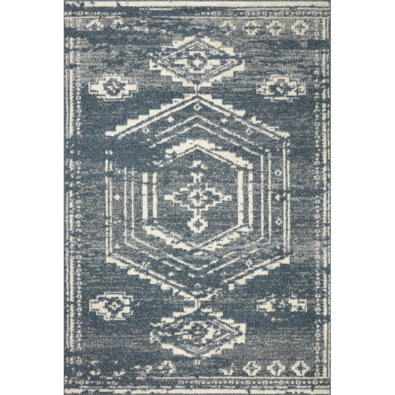 Denim and Ivory Synthetic Runner Rug with Geometric Pattern