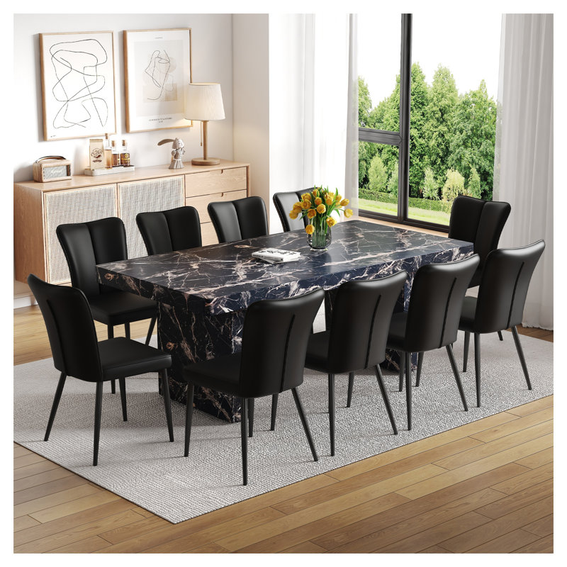 Ensemble de salle à manger luxueux en marbre noir avec 10 chaises ergonomiques en polyuréthane - Table rectangulaire moderne de 78,7 po pour la cuisine et la conférence