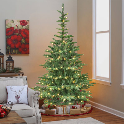 Arbre de Noël illuminé 7 pi avec 400 lumières DEL blanc chaud, 941 pointes en PE + PVC, aspect réaliste en couches, base en bois unique - arbre de Noël artificiel complet pour la décoration intérieure