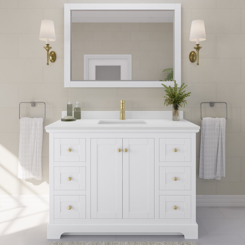 Ensemble de meuble-lavabo simple 48 po Avery, Marbre de culture blanc, Blanc, Or brossé