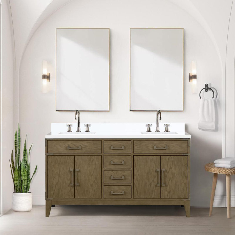 Meuble-lavabo double en chêne gris 60 po X P 22 po D, avec plateau en marbre de culture, Gris