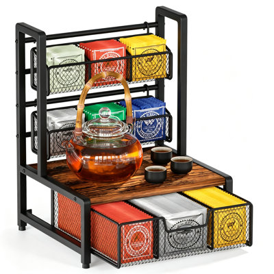 Organisateur de sachets de thé avec paniers de rangement en maille détachables, support de station de thé de comptoir en bois à 3 niveaux, support de sachets de thé à compartiments multiples pour comptoir de cuisine, grand présentoir de coffre à thé pour armoire de comptoir