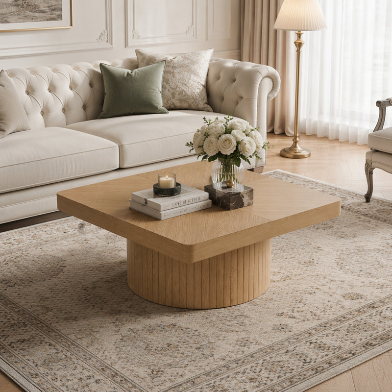 Table basse carrée avec base cylindrique, Naturel