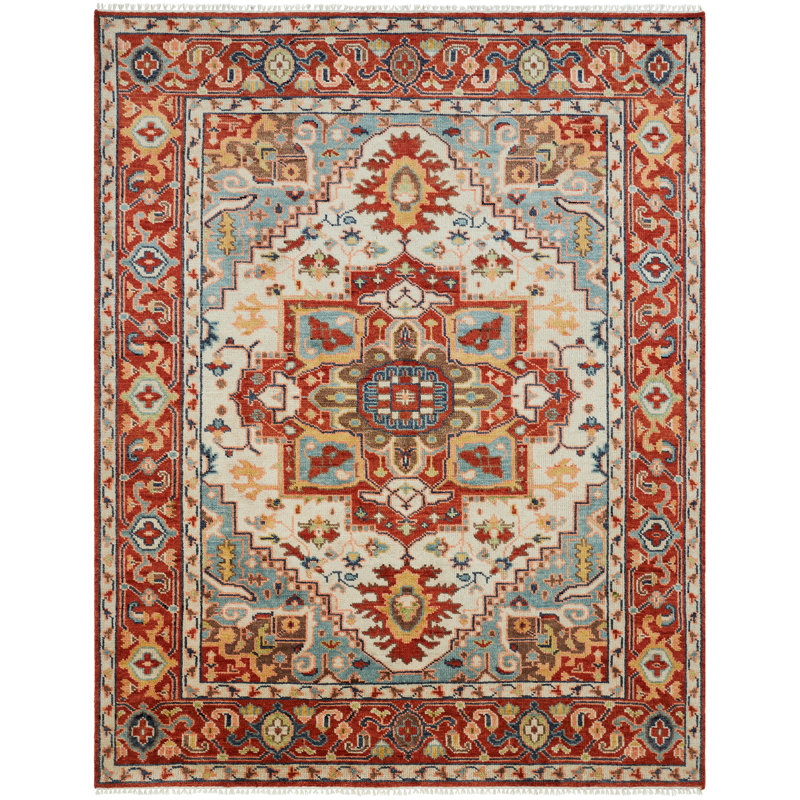 Tapis médaillon en laine noué à la main Serapi Heritage, Rectangle 6 pi x 9 pi, Ivoire / Rouge