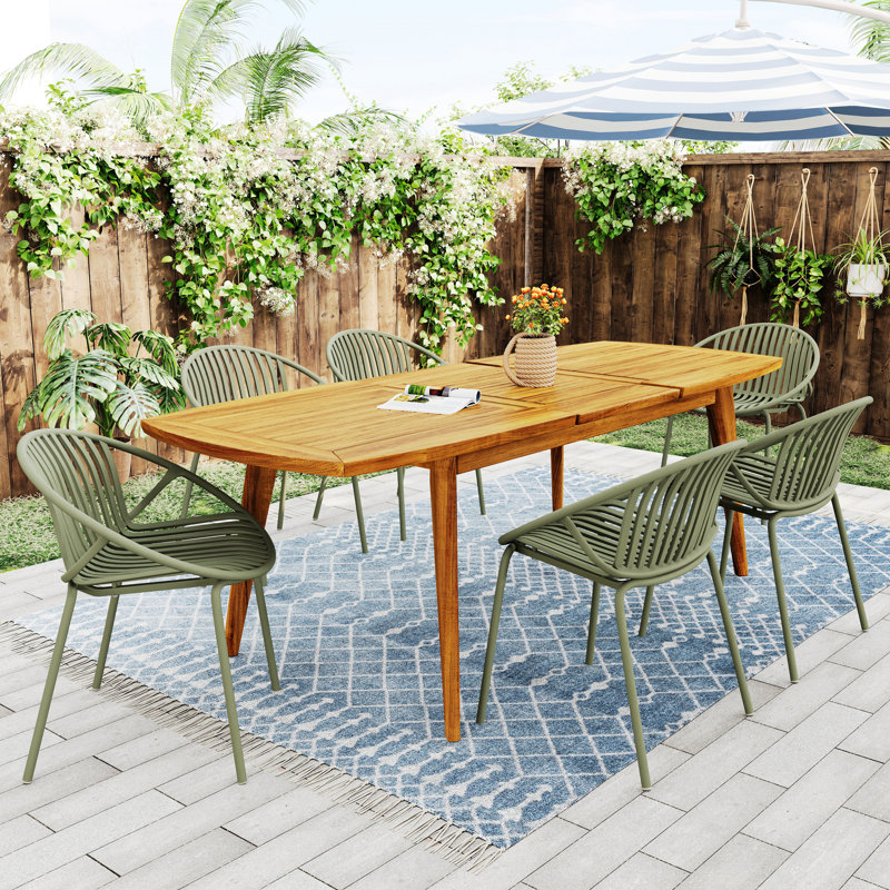 7 Pieces Outdoor Expandable Dining Set With Stackable Chair