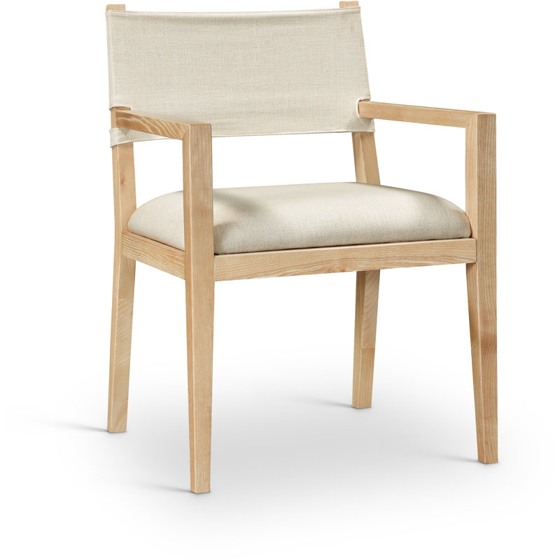 Vina Linen Textured Fabric Dining Arm Chair, Cream Linen Textured Fabric, Stained Natural