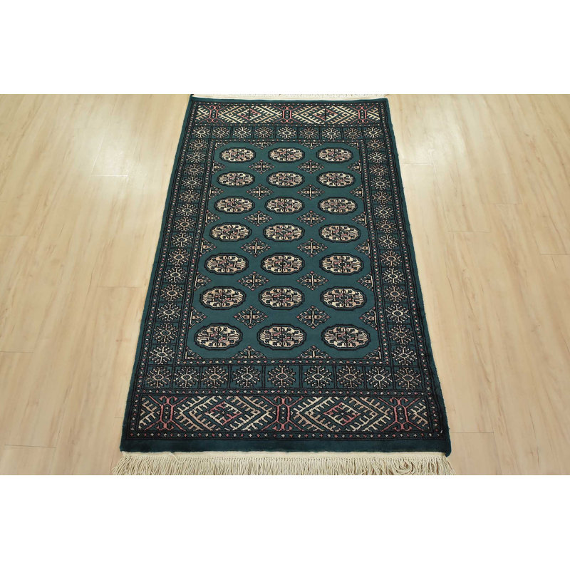 Tapis oriental en laine vert tribal noué à la main 3 pi 7 po x 5 pi Bokhara