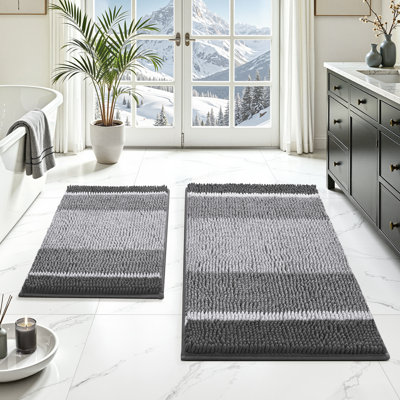 Ensemble de 2 tapis de salle de bain gris, tapis de bain en chenille épais et absorbants, tapis à poils longs antidérapants pour plancher de salle de bain