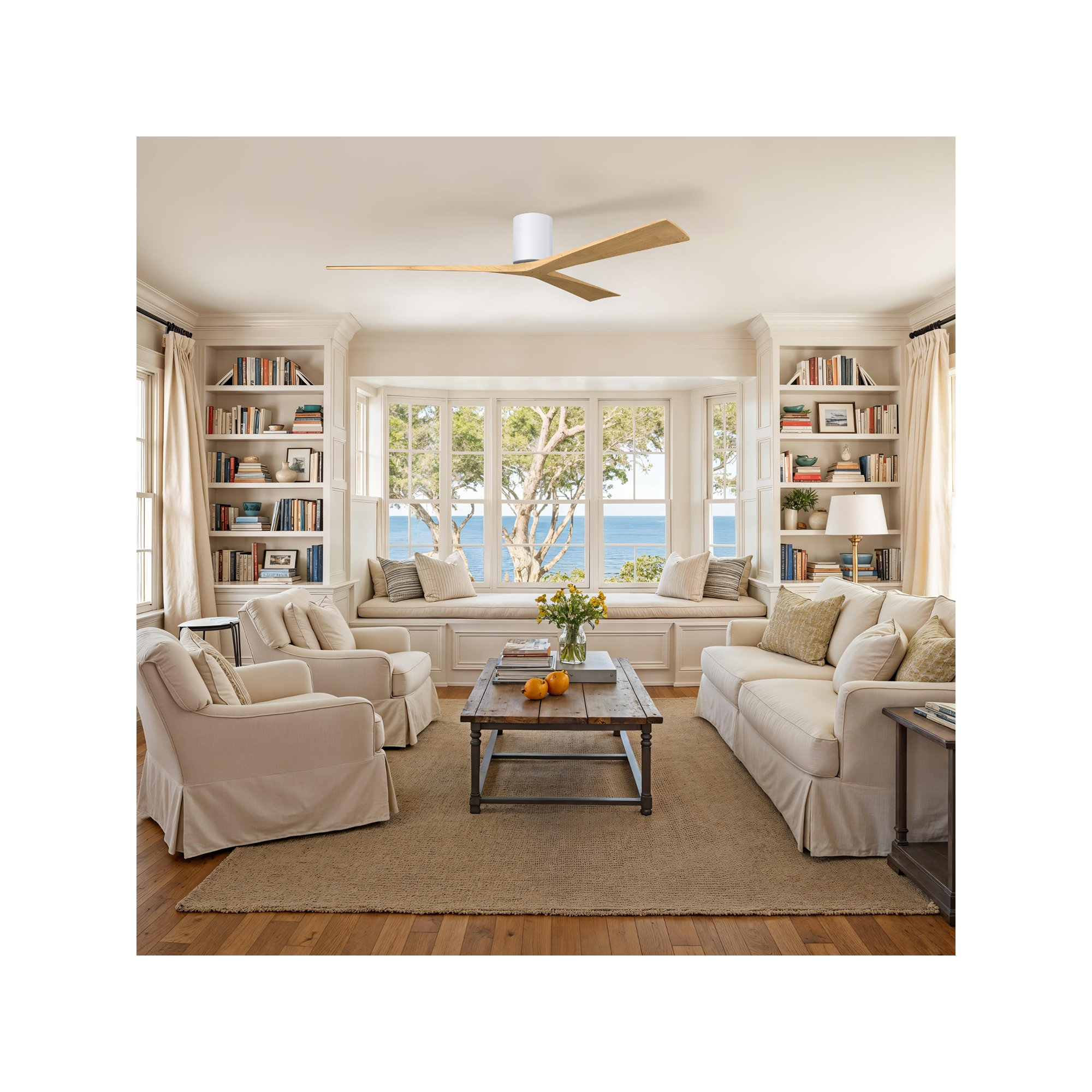 Olivier 3 Blade Ceiling Fan, Gloss White, Light Maple Tone, 72"