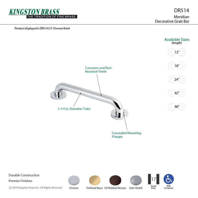 Barre d'appui de 1-1 / 4 po Kingston Brass Meridian, Nickel brossé, l 20,81 po