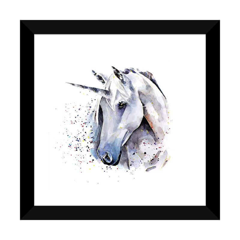 Licorne par Edwatercolours-impression, Blanc, H 16 po x l 16 po x p 1 po, Papier encadré noir