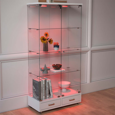 Vitrine moderne en verre avec lumières DEL, 2 grands tiroirs et 4 tablettes pour un rangement et une présentation élégants