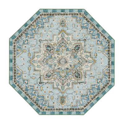 Heriz Checked Aqua Washable Rug