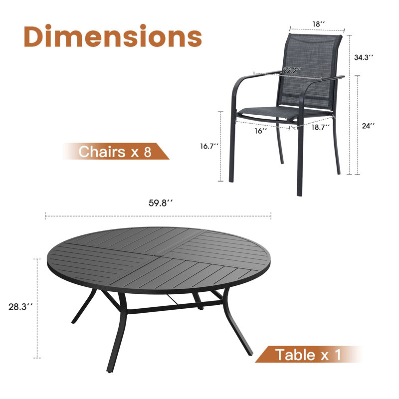Round Patio Dining Set with 60" Metal Dining Table and 8 Stackable Armrest PVC-coated polyester Chairs, Black/Gray