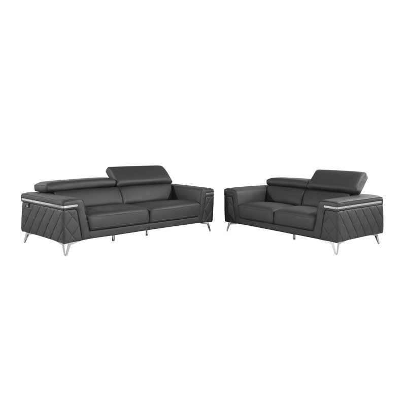 Ensemble de salon 2 pièces en cuir fleur italien, Cuir véritable gris foncé