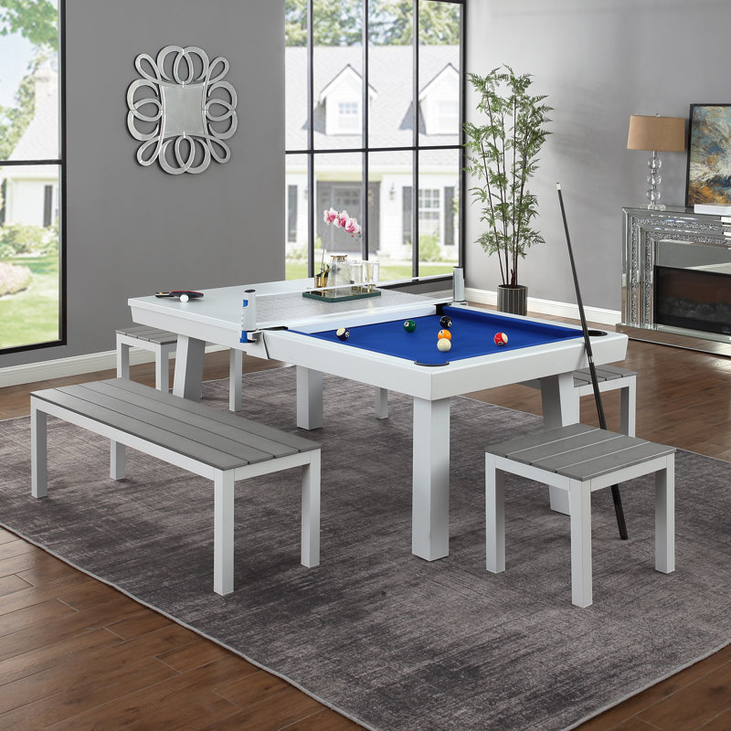 Table de salle à manger d'extérieur / d'intérieur en ardoise avec 4 bancs et accessoires Oasis, Bleu royal, Blanc