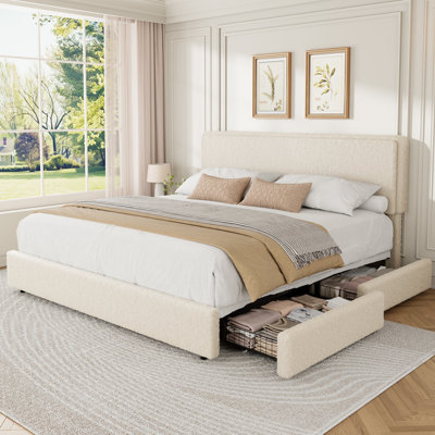 Structure de lit très grand en molleton, lit plateforme tapissier avec 2 tiroirs de rangement, tête de lit à hauteur réglable en nuage, lit en tissu doux et épais, style moderne, aucun sommier requis, crème