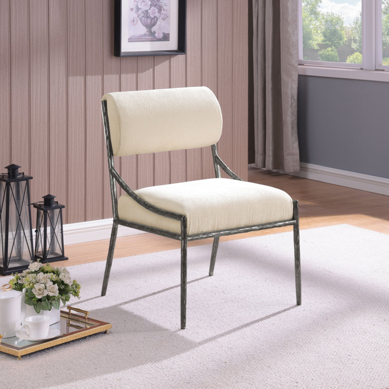 Chaise d'appoint rembourrée Bastille, Tissu chenille crème, Argent antique