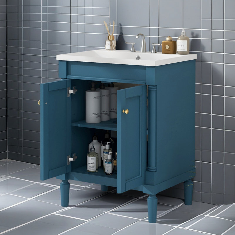Meuble-lavabo 24 po sans lavabo, meuble de rangement moderne à 2 niveaux, meuble-lavabo à simple cuve, grandes tablettes de rangement (PAS D'ÉVIER)