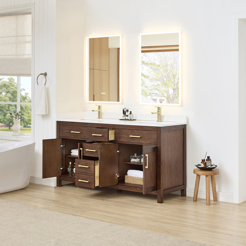 Beckett 66" Freestanding Double Bathroom Vanity with Cultured Marble Top, Whitewashed Oak, Brushed Nickel