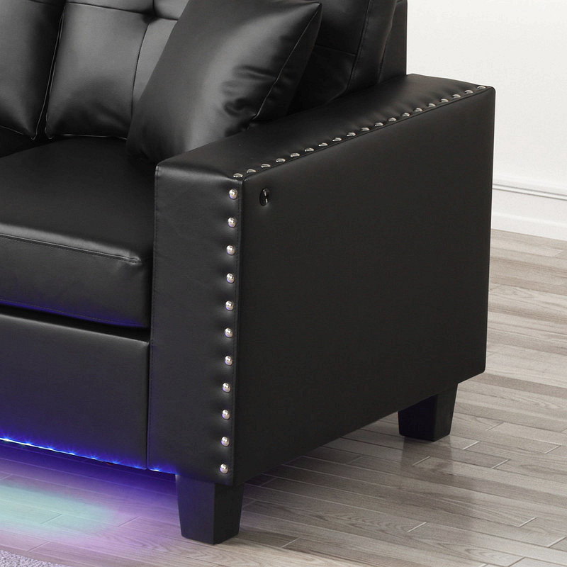 Canapé modulaire réversible de 74 po de largeur avec lumière DEL, port USB, garniture cloutée, coussins décoratifs, coussin touffeté