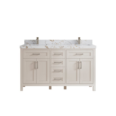 Cambridge 60 In. W X 22 In. D Double Sink Bathroom Vanity In Fine Grain With 2 In. Viola Gold Quartz
