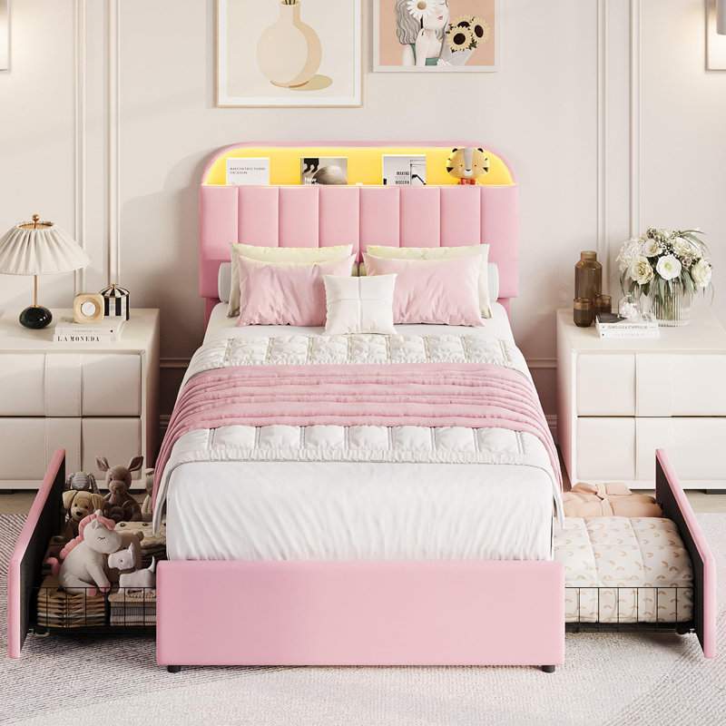 Structure de lit simple tapissier simple en velours avec tête de lit réglable, 2 tiroirs réversibles sous le lit, lumières à DEL RVB contrôlées par l'application, support à lattes de bois, aucun sommier requis, rose