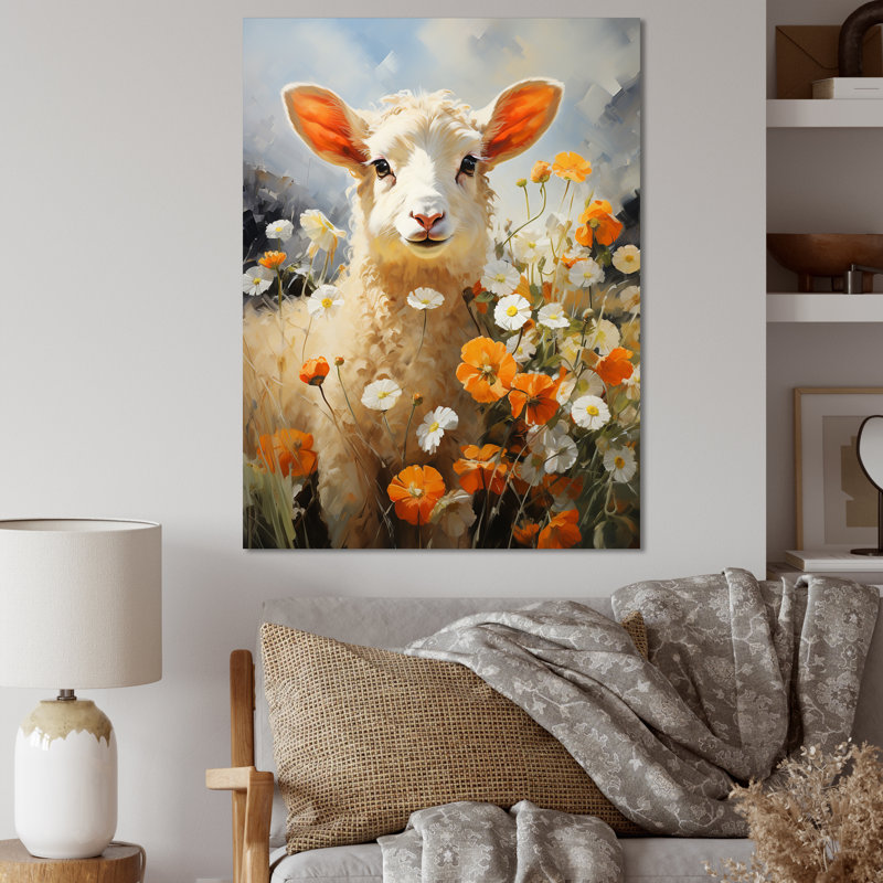 " Sheep In Daisies ", Wrapped Canvas, 32" H x 16" W x 1" D