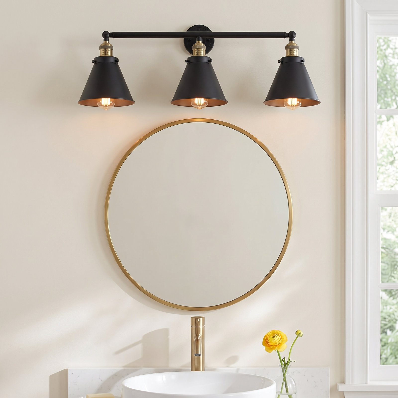 Rouvin 3 Light Dimmable Vanity Light, Black/Antique Brass