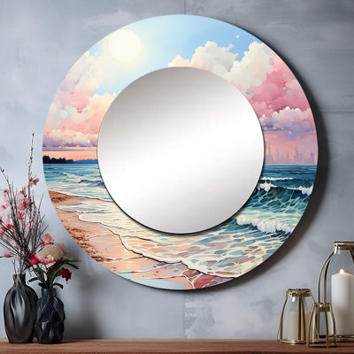 Pink Beach Breezes - Beach Sand Unique Wall Mirror, Pink Round Mirror, Printed Metal Art