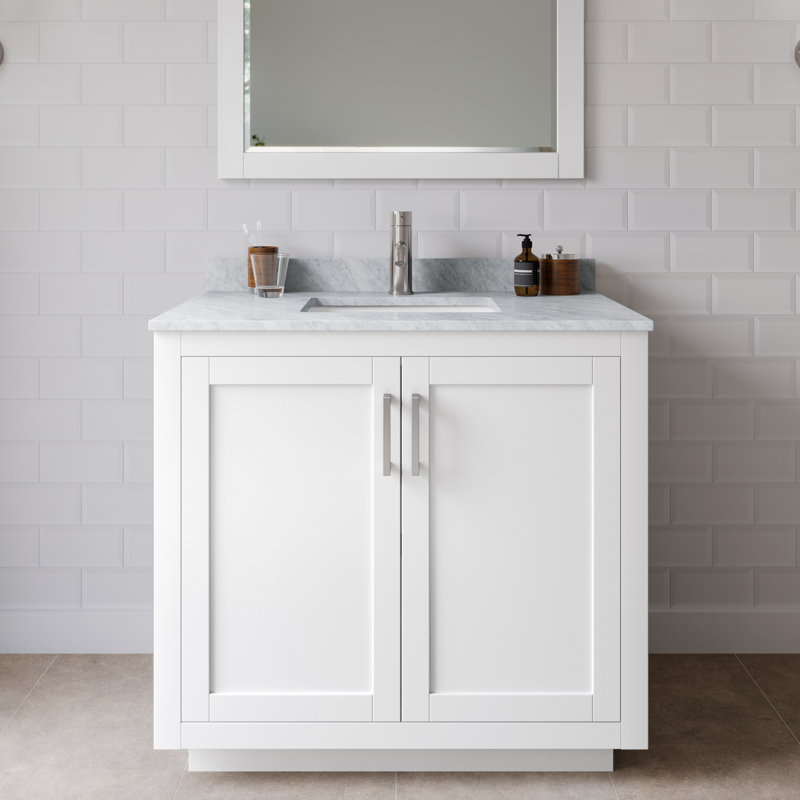 Ensemble de meuble-lavabo simple 36 po avec plateau en marbre Miranda, Nickel brossé, Blanc