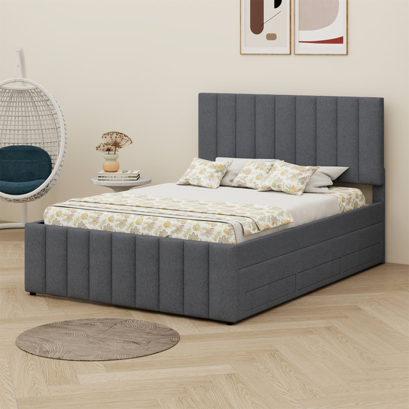 Lit plateforme tapissier avec lit gigogne et 3 tiroirs, Gris