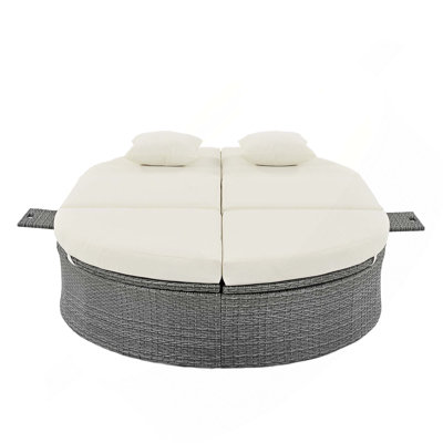 Outdoor Rattan 2-Person Reclining Daybed with Cushions and Pillows with Adjustable Backrests and Foldable Cup Trays for Lawn, Poolside
