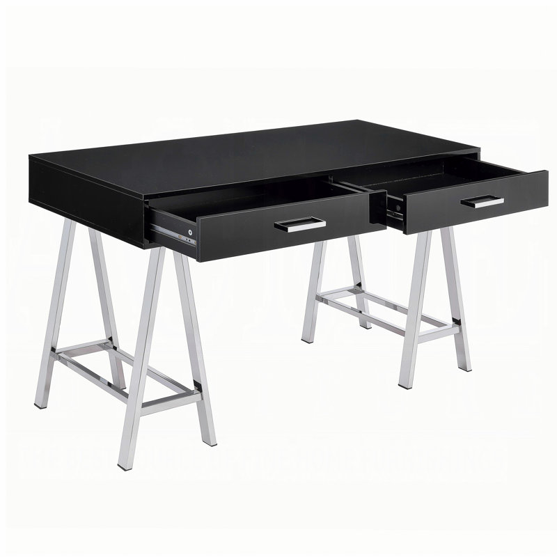 Bureau 2 tiroirs noir brillant et chrome